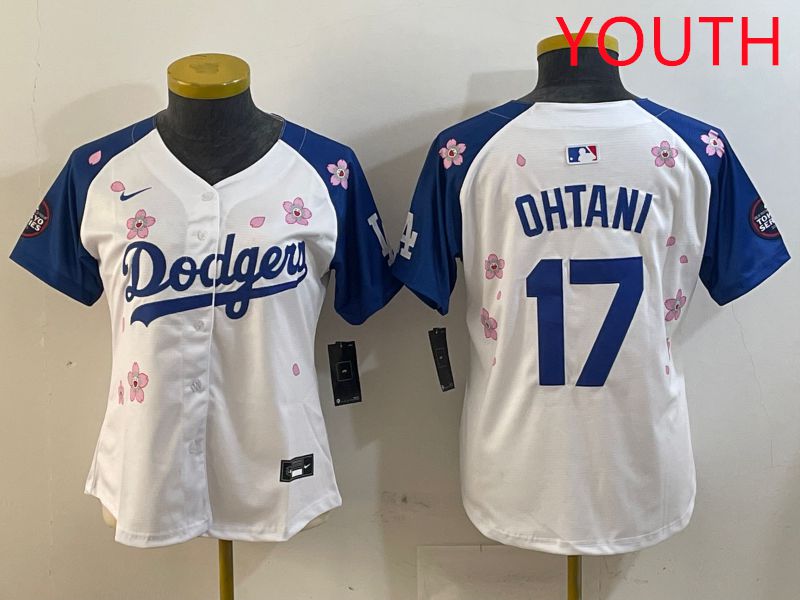 Youth Los Angeles Dodgers #17 Ohtani White Blue Sakura Edition 2025 Nike MLB Jersey style 1